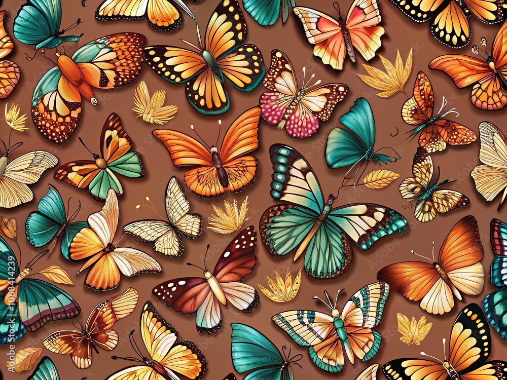 Seamless Pattern of Colorful Butterflies in Flight Against a Rich Brown Background, Capturing the Graceful Movement of Nature in a Stunning Low Light Photography Style Seamless Pattern of Colorful Butterflies in Flight Against a Rich Brown Background, Capturing the Graceful Movement of Nature in a Stunning Low Light Photography Style