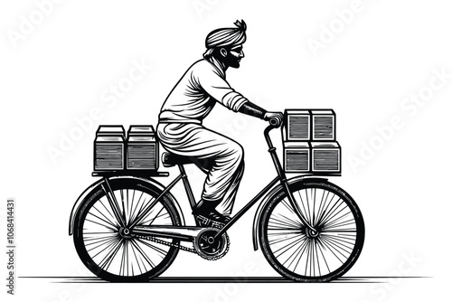 Delivery Man on Bicycle with Boxes in Retro Woodcut Style