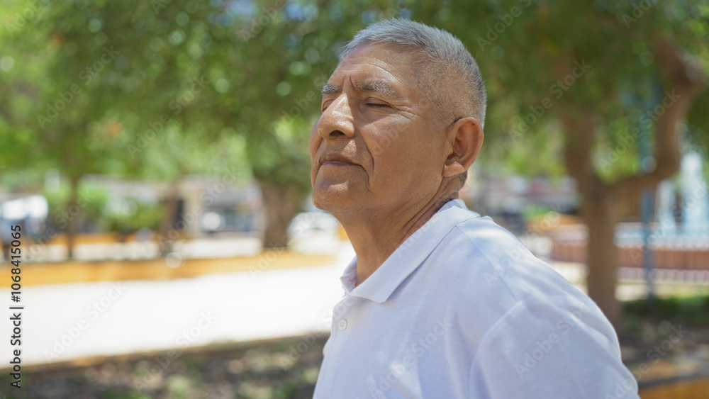 Elderly hispanic man with grey hair peacefully breathing with closed eyes in an urban park setting on a sunny day. Elderly hispanic man with grey hair peacefully breathing with closed eyes in an urban park setting on a sunny day.