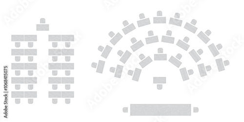 Wedding seating plan element. Conference banquet seminar classroom interior, conference hall and seminar room interior design. Vector top view of arrangement of banquet furniture seats illustration