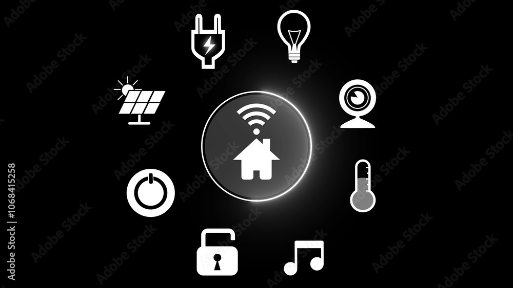 3D graphic of smart home system icons on a black background, representing advanced home automation and connected devices 3D graphic of smart home system icons on a black background, representing advanced home automation and connected devices