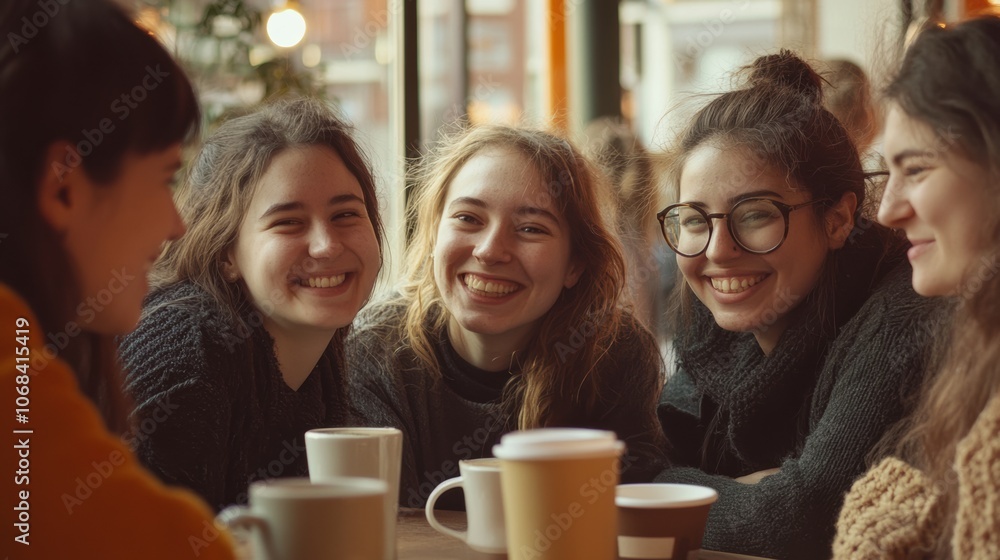Smiling Friends Enjoying Coffee and Conversation at Café, Group of young women sharing smiles and coffee in a cozy café, creating a warm and friendly atmosphere. Smiling Friends Enjoying Coffee and Conversation at Café, Group of young women sharing smiles and coffee in a cozy café, creating a warm and friendly atmosphere.