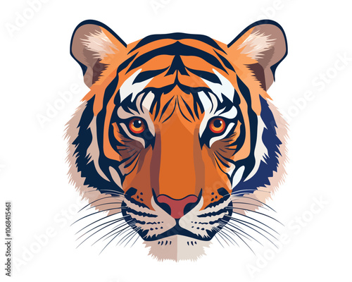 Stylish Flat Vector Tiger Illustration with Bold Colors and Intense Expression