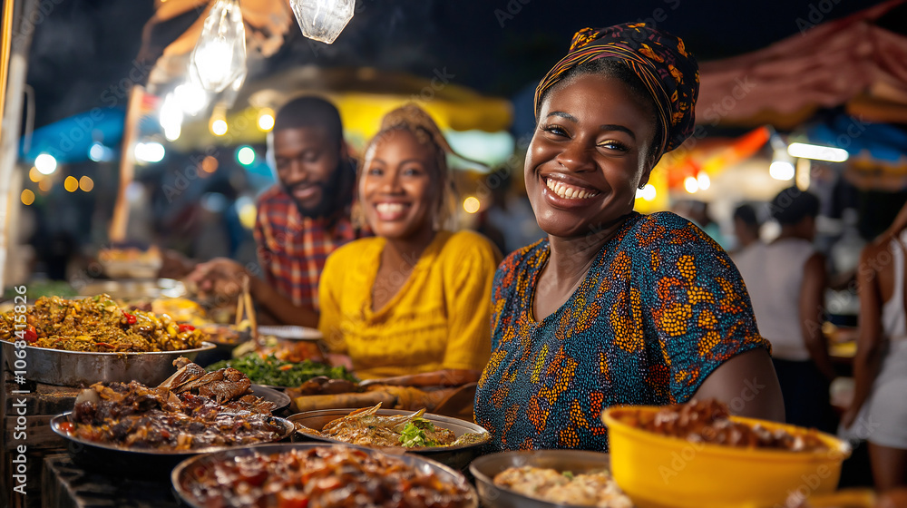 A group of Black travelers enjoys a variety of street food at a lively night market, surrounded by colorful lights and an assortment of flavorful dishes that bring smiles A group of Black travelers enjoys a variety of street food at a lively night market, surrounded by colorful lights and an assortment of flavorful dishes that bring smiles