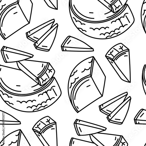 A pattern of doodle parmesan or pecorino cheese in the form of semicircular triangular pieces, conveniently sliced, vector illustration of a dairy product. Texture fine lines on white
