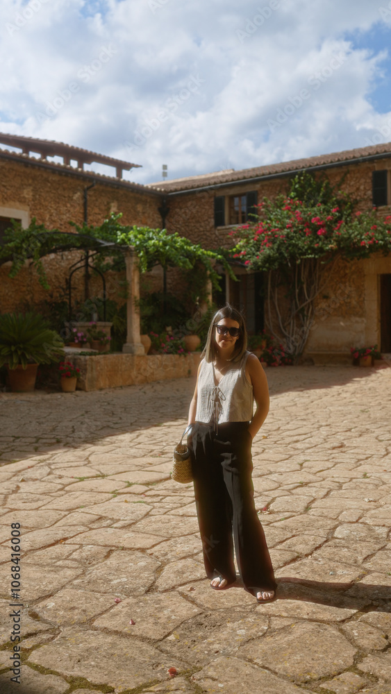 Young woman enjoying the sunny outdoors in beautiful mallorca, spain, standing in a rustic courtyard with stone pathways and lush greenery.