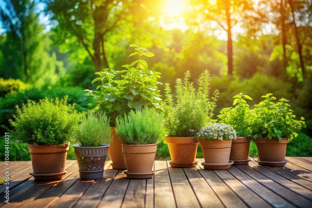 Large herb pots adorn a cedar deck, creating a tranquil outdoor garden oasis filled with lush greenery, fragrant plants, and a serene atmosphere for relaxation. Large herb pots adorn a cedar deck, creating a tranquil outdoor garden oasis filled with lush greenery, fragrant plants, and a serene atmosphere for relaxation.