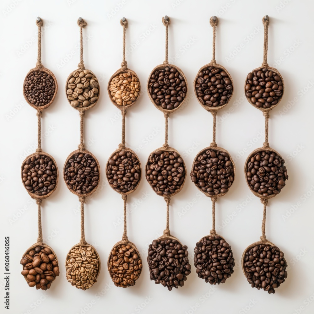 Exploring premium coffee bean varieties a visual collection of suspended roasted specimens showcasing unique flavors and textures Exploring premium coffee bean varieties a visual collection of suspended roasted specimens showcasing unique flavors and textures
