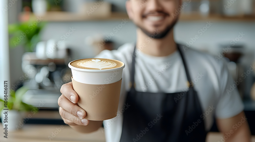 Asian barista handing over a coffee cup to a smiling customer in a bright modern caf setting The counter features a QR code payment sign reflecting the cashless Asian barista handing over a coffee cup to a smiling customer in a bright modern caf setting The counter features a QR code payment sign reflecting the cashless