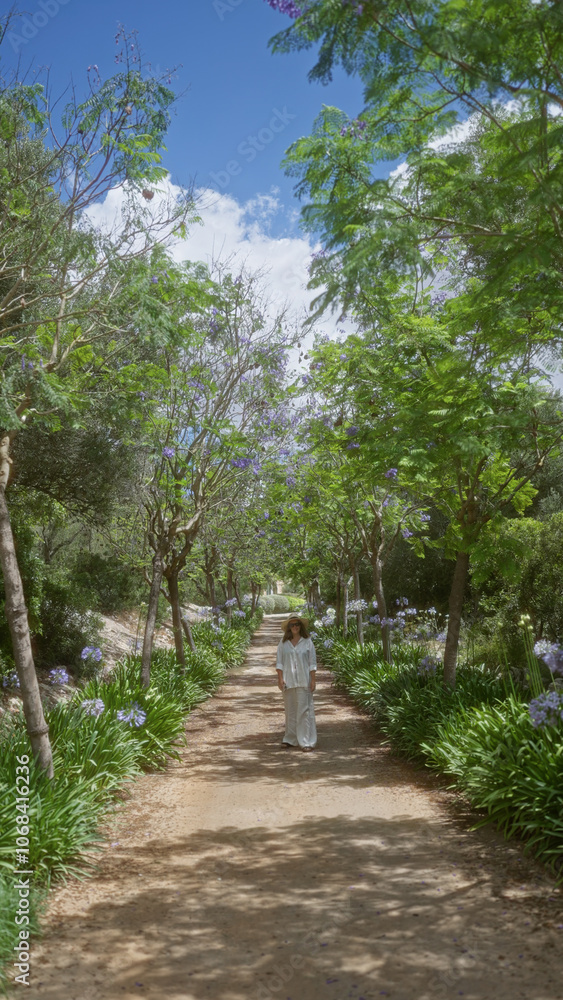 Woman walking through a tree-lined path in sunny mallorca, spain with lush greenery and blue sky Woman walking through a tree-lined path in sunny mallorca, spain with lush greenery and blue sky