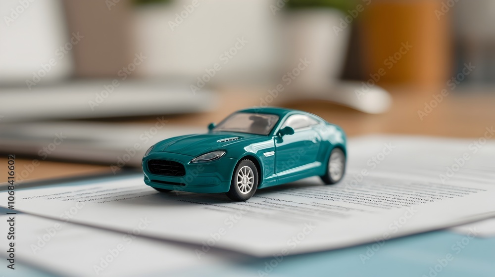 custom made wallpaper toronto digitalA small scale metallic green colored toy sports car model sitting on top of a stack of car insurance policy documents placed on a wooden office desk surface