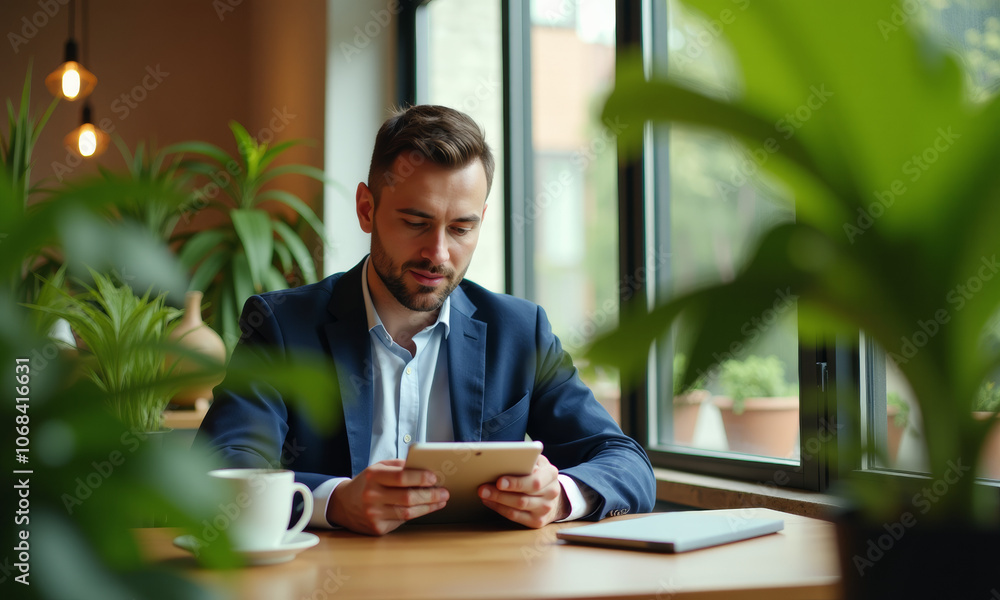 Focused Businessman Working in a Cafe Focused Businessman Working in a Cafe