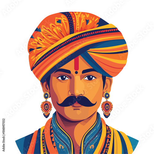 Colorful Flat Vector of Indian Man in Traditional Rajasthani Dress and Turban