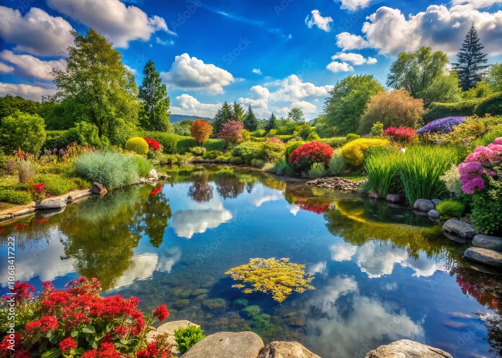 Serene Garden Pond Surrounded by Lush Greenery and Colorful Flowers, Capturing Nature's Tranquility and Beauty in a Picturesque Landscape Photography Scene Serene Garden Pond Surrounded by Lush Greenery and Colorful Flowers, Capturing Nature's Tranquility and Beauty in a Picturesque Landscape Photography Scene
