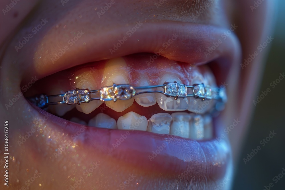 Obraz premium Young person is smiling and showing their orthodontic treatment with braces and jewels on their teeth