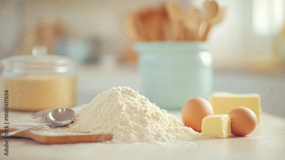 Baking ingredients laid out on a kitchen counter with flour eggs butter and measuring spoons representing home baking with side empty space for text, Stockphoto style Baking ingredients laid out on a kitchen counter with flour eggs butter and measuring spoons representing home baking with side empty space for text, Stockphoto style