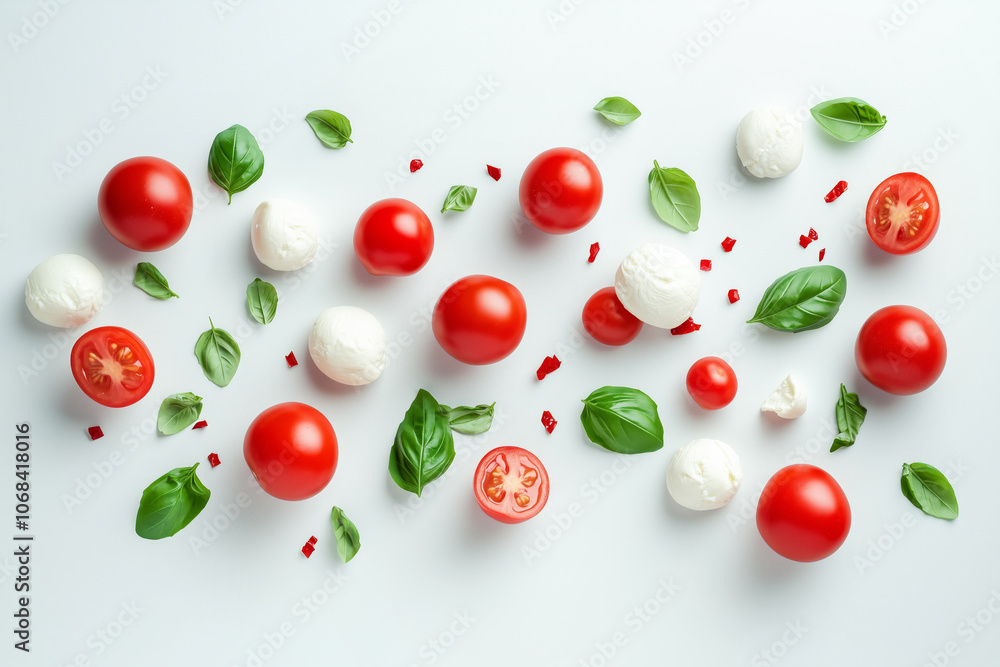 Mini mozzarella, fresh tomatoes and basil leaves, on a minimal background, showcasing culinary ingredients concept Mini mozzarella, fresh tomatoes and basil leaves, on a minimal background, showcasing culinary ingredients concept