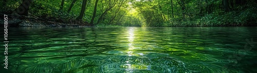 Serene aerial perspective of a tranquil river reflecting lush greenery and dappled light