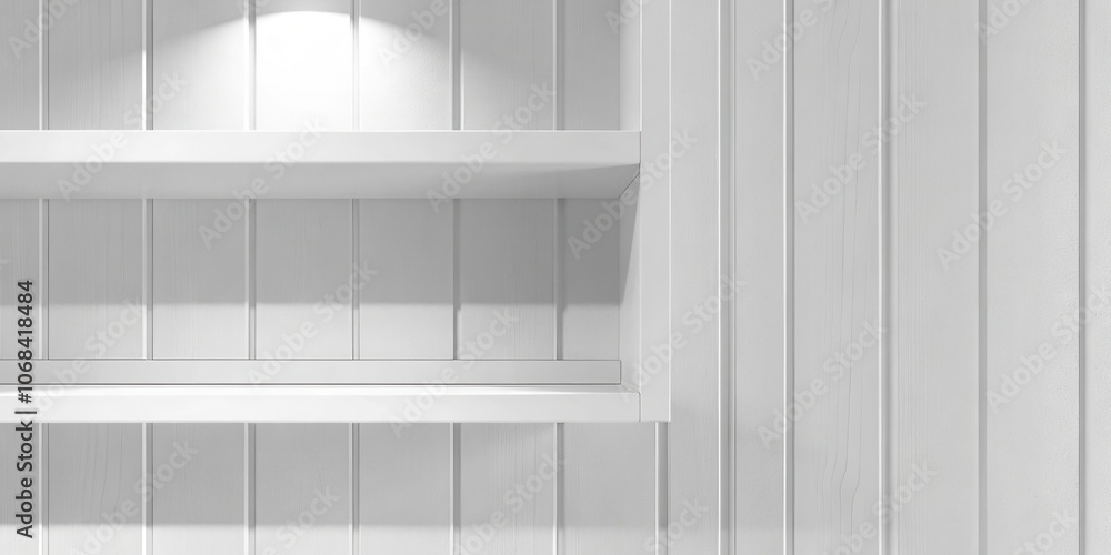 White Wooden Wall with Open Shelves and Lighting White Wooden Wall with Open Shelves and Lighting