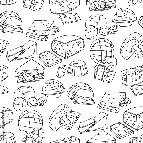 pattern of doodle cheeses of different types. Vector texture illustration of cheeses in different positions, slicing, individual pieces, of dairy products. Popular cheeses with a thin black line