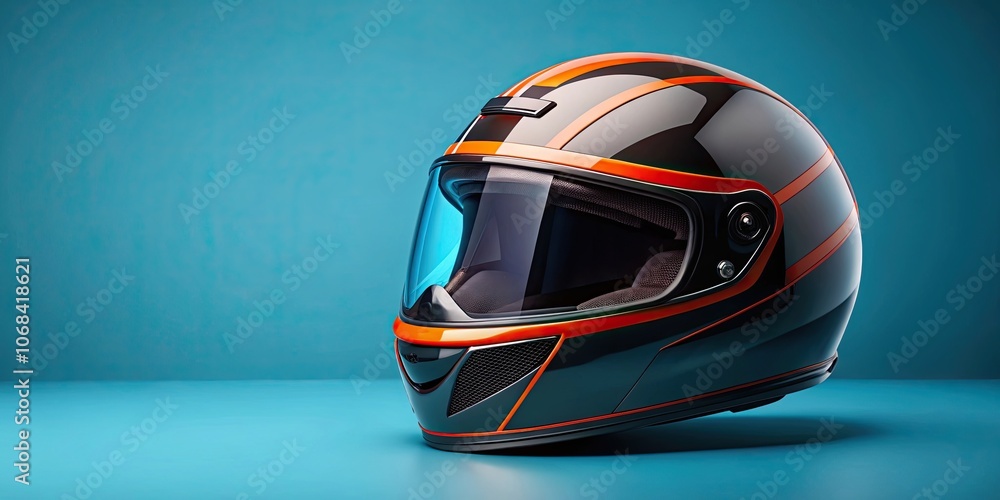 Black helmet with orange parts isolated on blue background, black, helmet, orange, isolated, blue