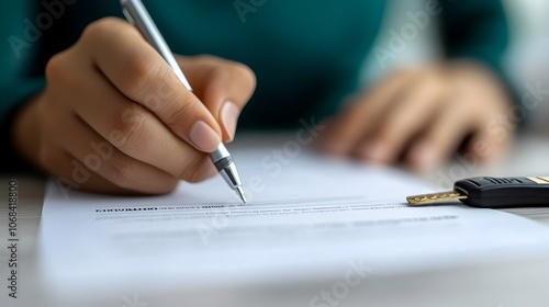 Closeup view of a person s hands signing a car insurance contract on a desk with car keys insurance documents and other paperwork visible  Concept of vehicle coverage financial protection photo