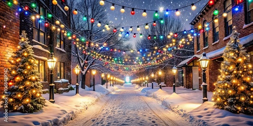 Snow-covered street with twinkling Christmas lights, winter, holiday, Christmas, snowy, festive, decorations, cold, urban