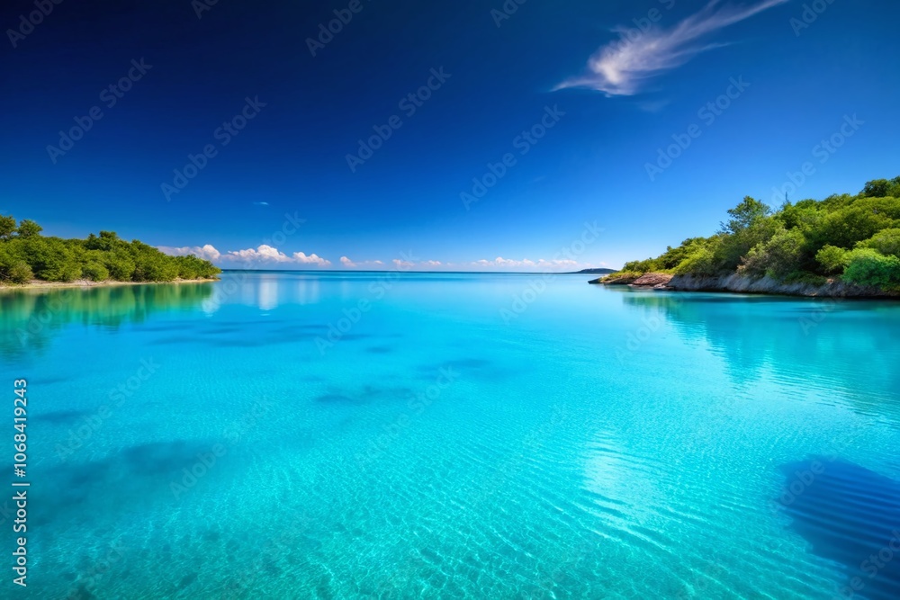 Fototapeta premium Serene Minimalist Photography of a Tranquil Blue Lagoon with Soft Waves and Clear Skies, Emphasizing Nature's Calmness and Beauty in a Simplistic Composition