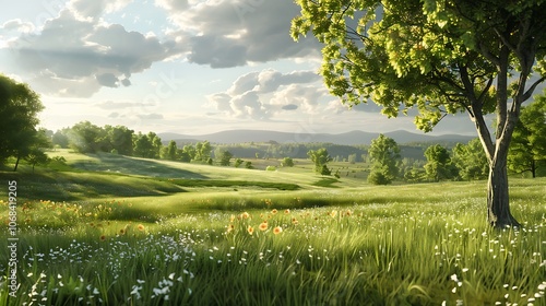 The image is a beautiful landscape of a green field with a large tree in the foreground. The sky is blue and there are white clouds.