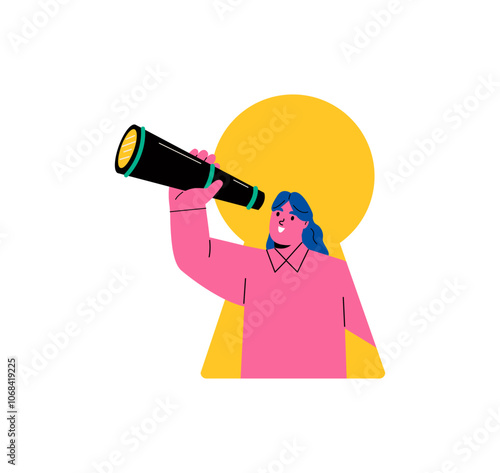 Business woman using telescope to look into the distance Self-discovery. Flat vector illustration isolated on white background