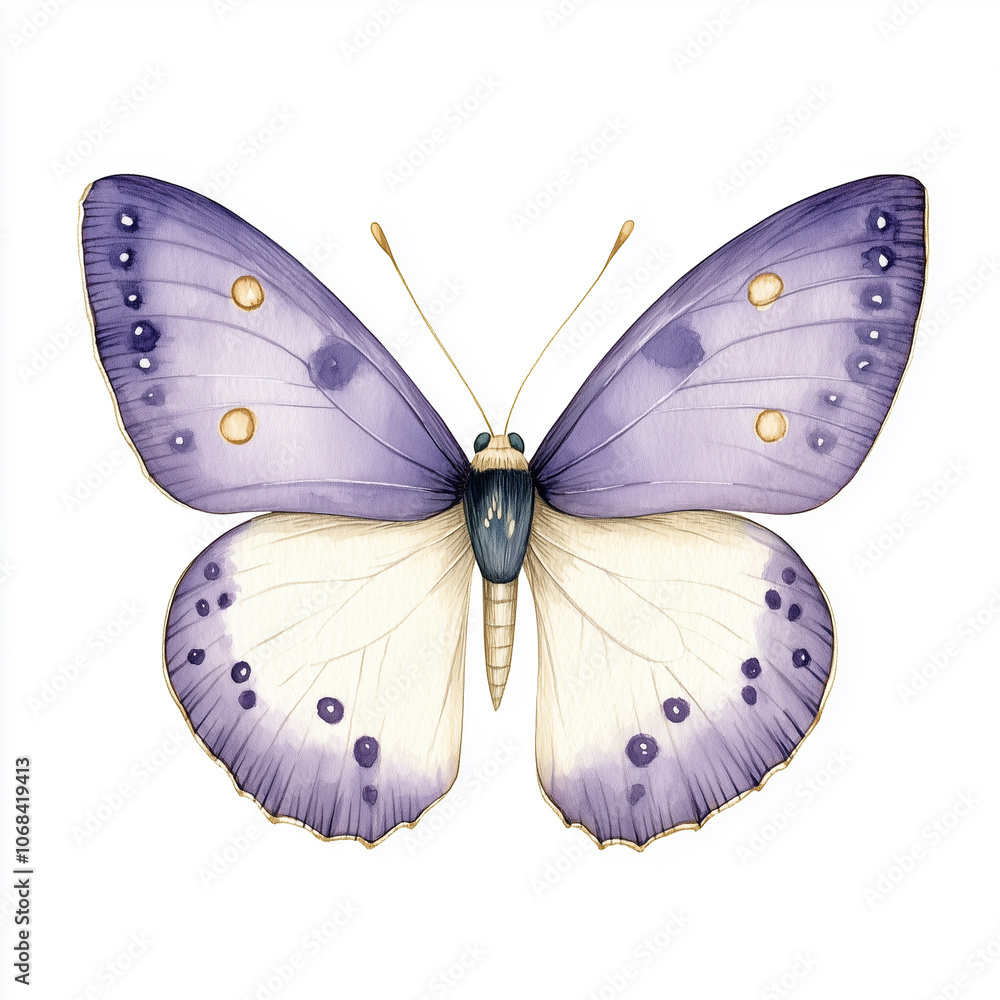 Fototapeta premium Watercolour clipart of a Purple spotted butterfly on a white background