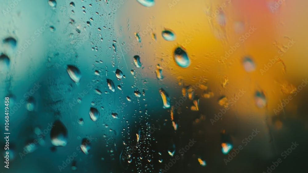 Mesmerizing water droplets on glass reflecting a distant scene in vivid colors and textures Mesmerizing water droplets on glass reflecting a distant scene in vivid colors and textures