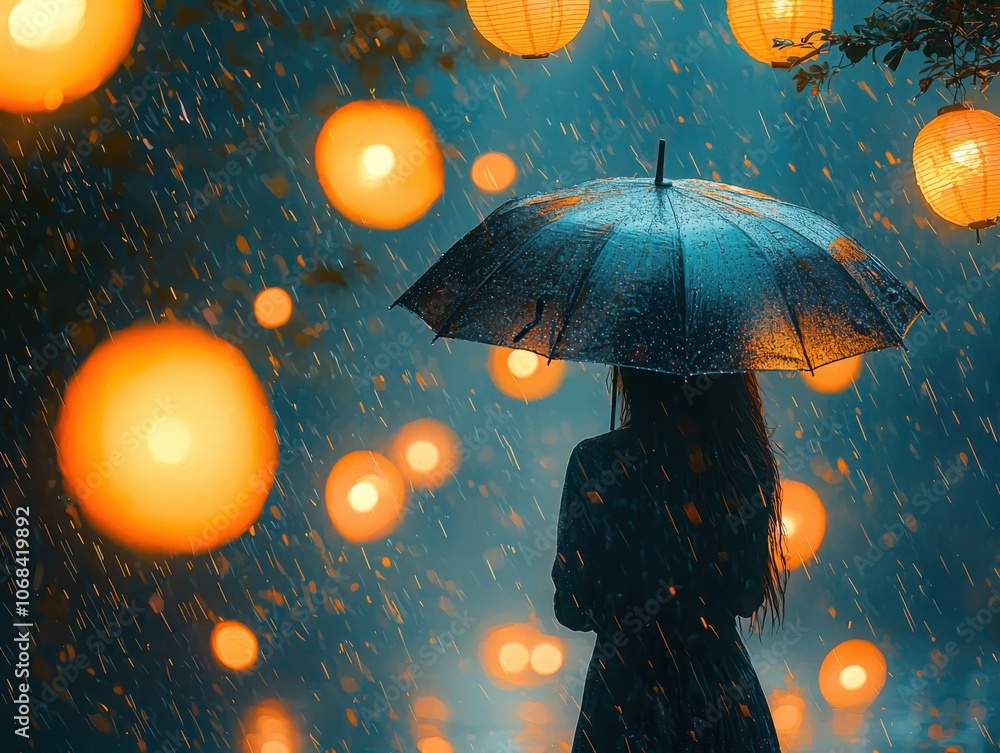 A woman standing gracefully in the rain holding an umbrella surrounded by glowing lanterns capturing the magic of a rainy evening A woman standing gracefully in the rain holding an umbrella surrounded by glowing lanterns capturing the magic of a rainy evening