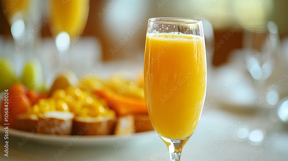 A table filled with brunch items including scrambled eggs toast fruit salad and mimosas creating a social weekend meal setting with side empty space for text, Stockphoto style A table filled with brunch items including scrambled eggs toast fruit salad and mimosas creating a social weekend meal setting with side empty space for text, Stockphoto style