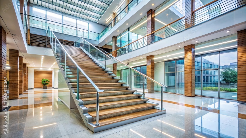 Fototapeta premium Stairs inside a modern office building , architecture, interior design, staircase, steps, handrail, concrete, steel
