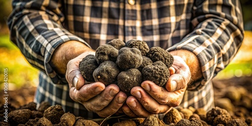 Freshly dug black truffles are held by a farmer, showcasing their unique allure and exquisite quality, presented beautifully in captivating product photography.