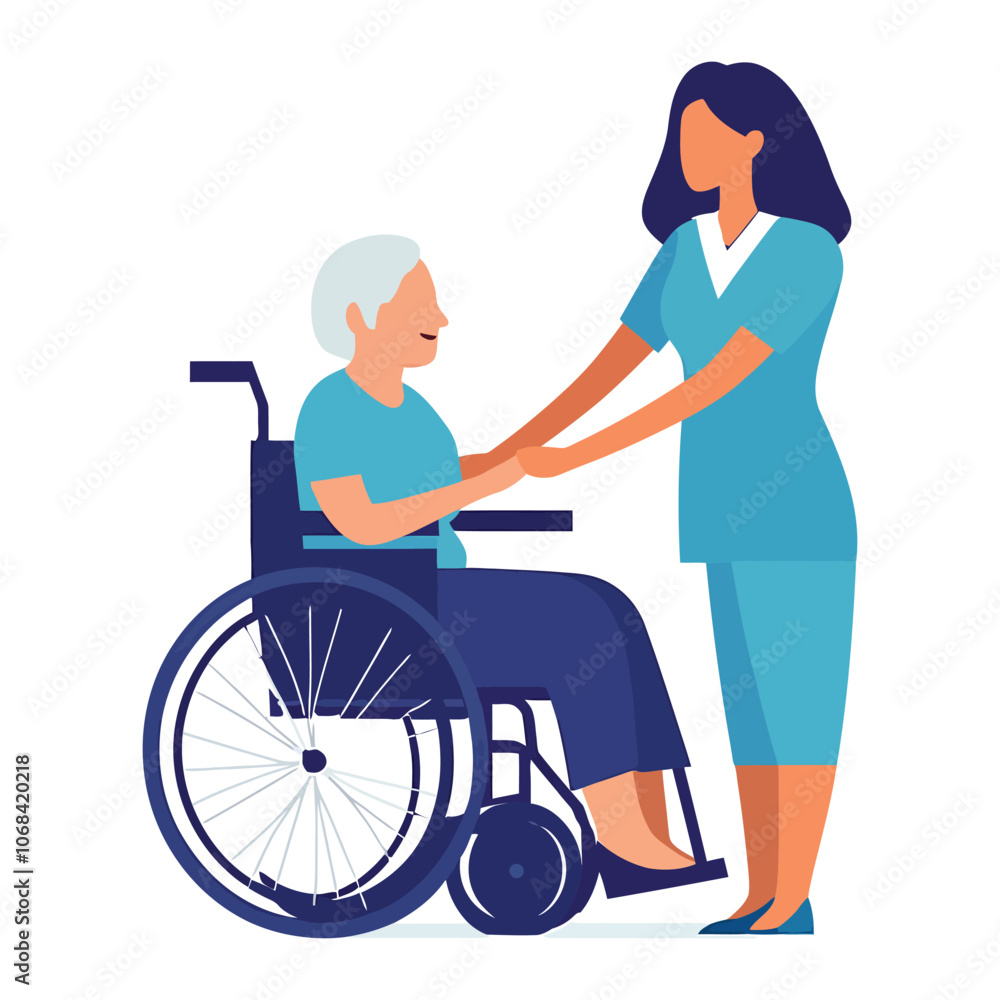 Caregiver Assisting Elderly Person in Wheelchair - Compassionate Healthcare Illustration Caregiver Assisting Elderly Person in Wheelchair - Compassionate Healthcare Illustration