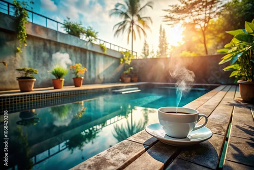 Serene Morning Vibes: A Cup of Hot Coffee Perched on the Edge of a Tranquil Swimming Pool Surrounded by Urban Exploration Elements and Lush Greenery