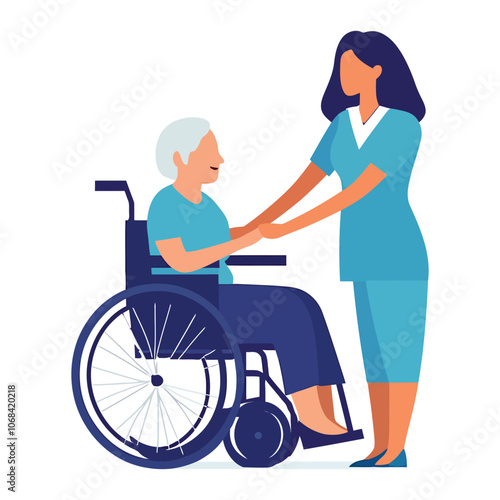 Caregiver Assisting Elderly Person in Wheelchair - Compassionate Healthcare Illustration