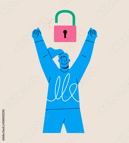 Woman is free from unlocking the key. Unlock yourself. Colorful vector illustration