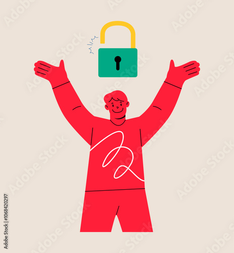 Man is free from unlocking the key. Unlock yourself. Colorful vector illustration