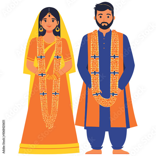 Elegant Indian Wedding Couple - Bride and Groom in Festive Traditional Outfits