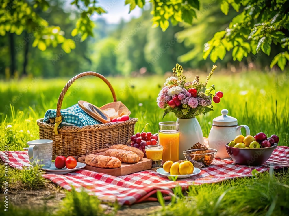 Serene Picnic on the Grass: A Conceptual Photography Exploration of Nature, Food, and Relaxation in a Lush Green Setting for Stock Imagery Serene Picnic on the Grass: A Conceptual Photography Exploration of Nature, Food, and Relaxation in a Lush Green Setting for Stock Imagery