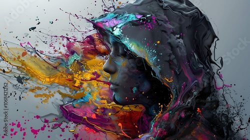 Colorful abstract portrait of a woman made of splashes of paint. photo