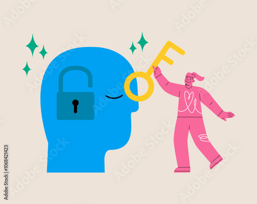 Woman unlock mind with key. Unlock creative thinking in yourself. Colorful vector illustration