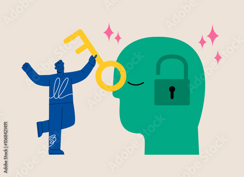 Man unlock mind with key. Unlock creative thinking in yourself. Colorful vector illustration