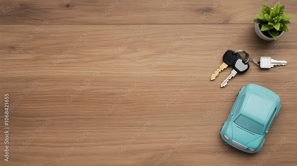 Closeup of a car insurance form toy car model and car keys placed on a wooden desk representing automotive financing protection and organization Closeup of a car insurance form toy car model and car keys placed on a wooden desk representing automotive financing protection and organization