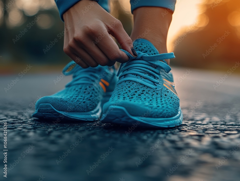 Person tying shoelaces on running shoes during sunset outdoors. Person tying shoelaces on running shoes during sunset outdoors.