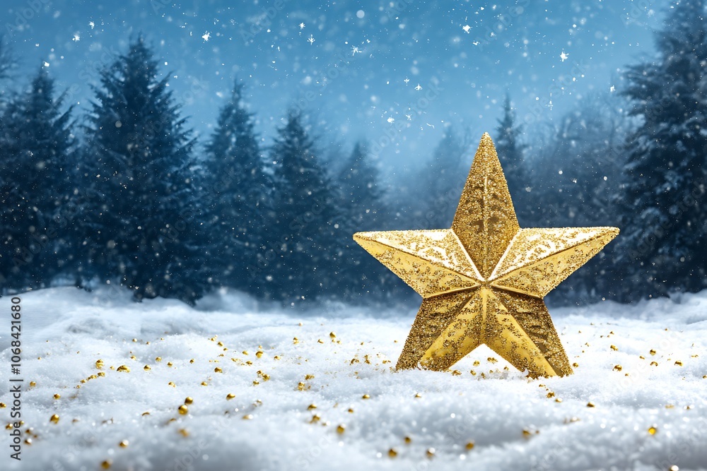 Glowing Christmas star illuminates a snowy forest scene. A large, intricately designed, glowing star stands in a snowy forest at night. Glowing Christmas star illuminates a snowy forest scene. A large, intricately designed, glowing star stands in a snowy forest at night.