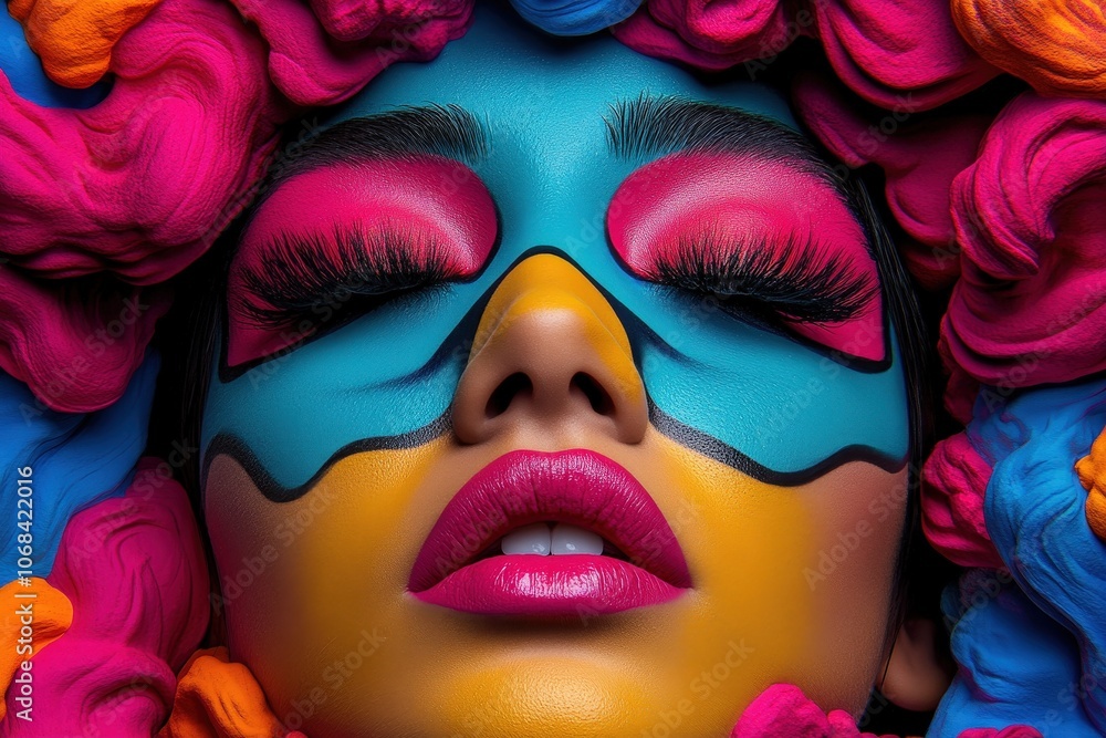 A striking abstract face features vibrant and colorful makeup, showcasing elaborate artistry and vivid detail. The artistic design exudes creativity and allure. A striking abstract face features vibrant and colorful makeup, showcasing elaborate artistry and vivid detail. The artistic design exudes creativity and allure.